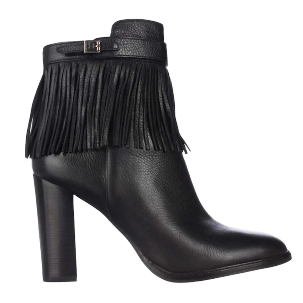 Ivanka Trump Black Itpreta Fringe Black Leather Ankle Boots Size 7.5